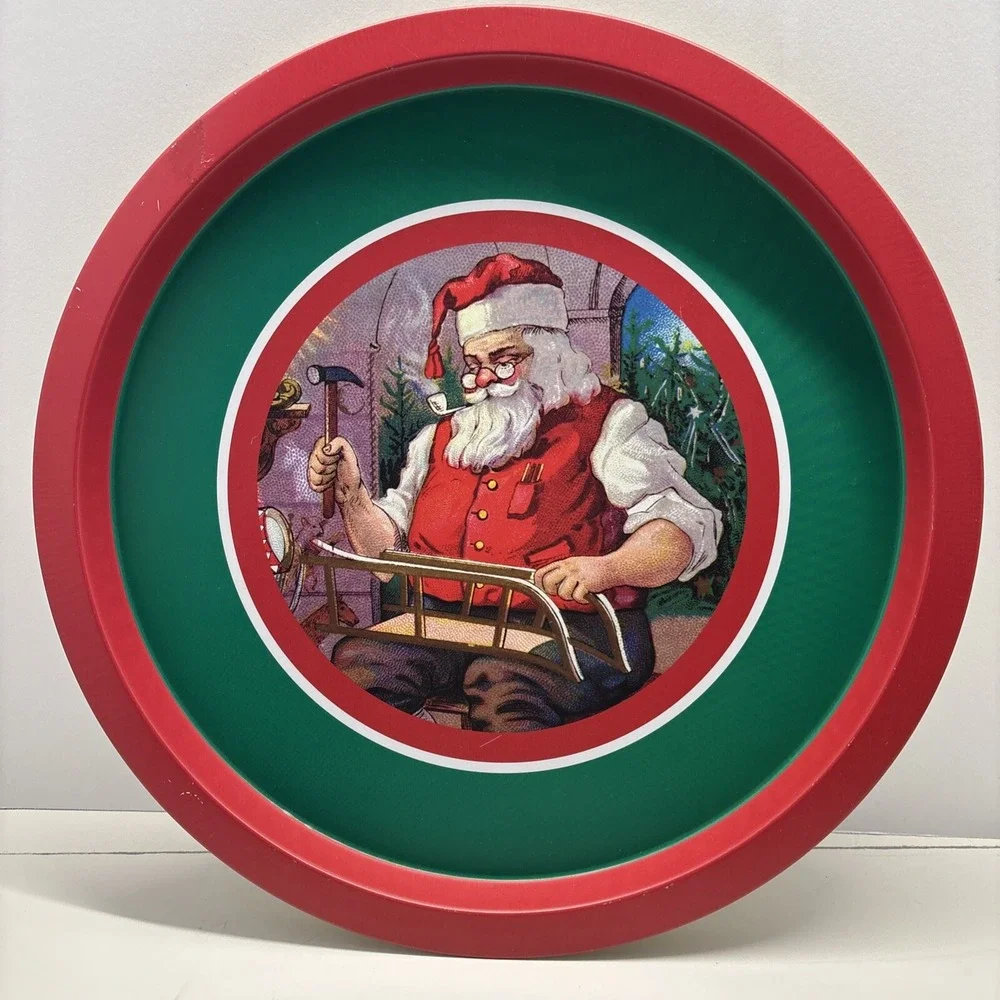 Holiday Christmas Cookie Tin Tray, Santa Making  Toys 12